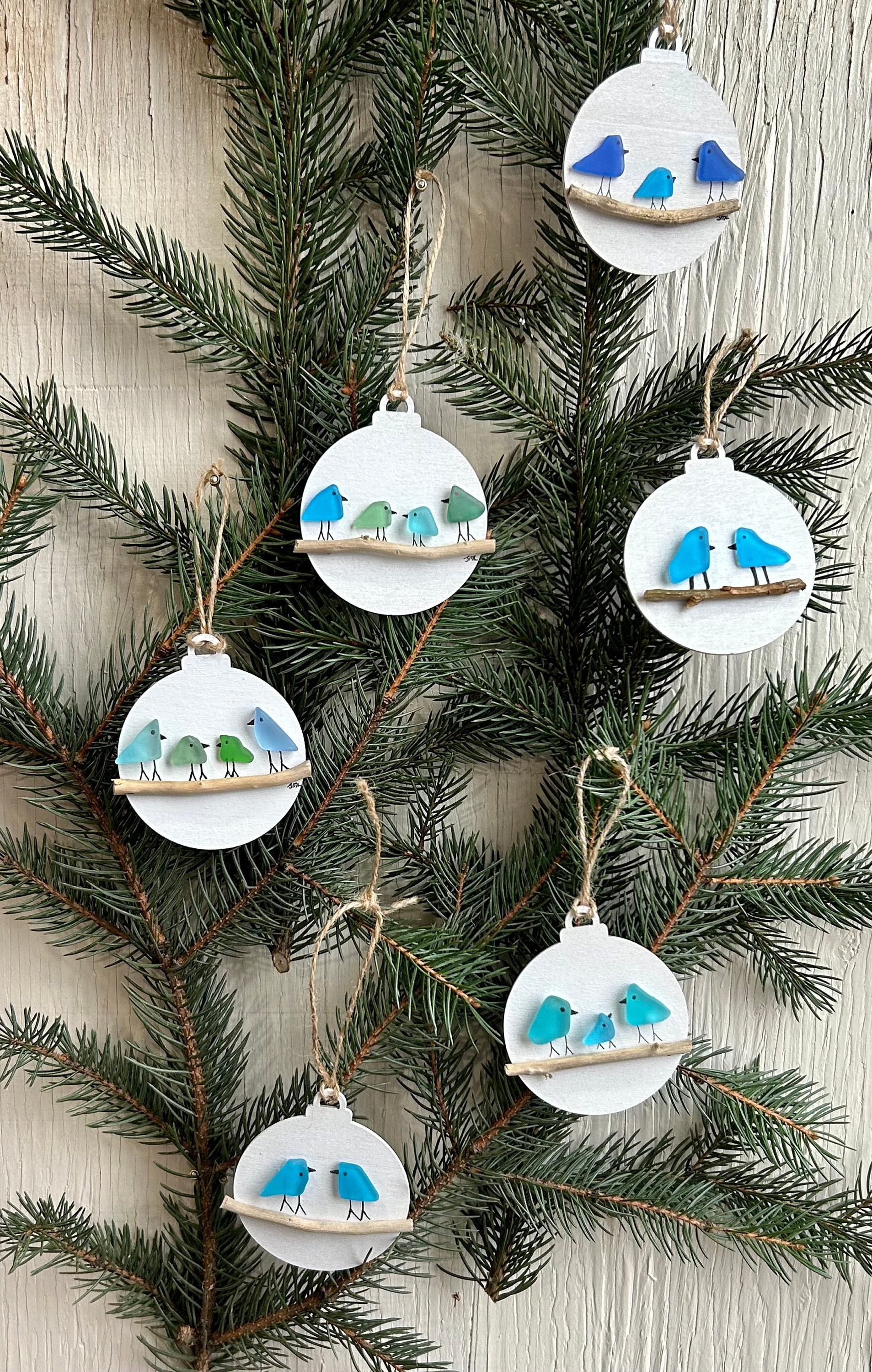 Handmade Family of Sea Glass Birds Christmas Ornament