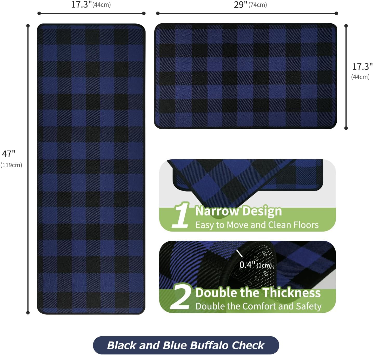 Buffalo Check Plaid Kitchen Rug Set - 2PCS (17x47 & 17x29), Farmhouse Style, Non-Printed Woven Surface, Non-Slip, Machine Washable, Black & White