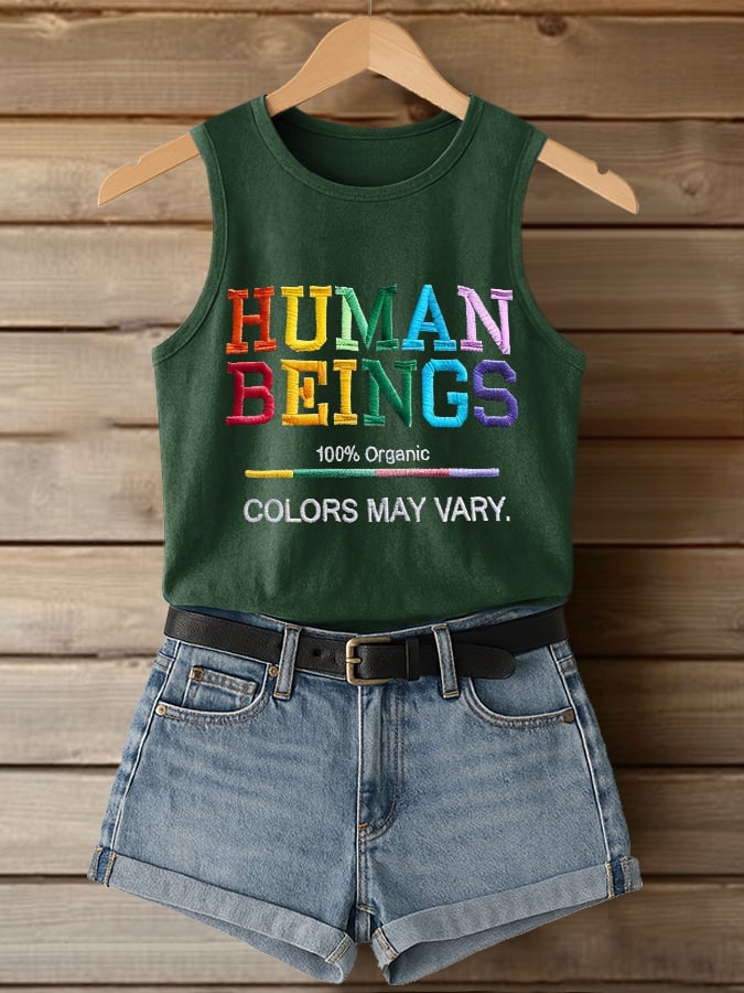 Retro Human Beings 100% Organic Colors May Vary Human Rights Equality Pride Print Tops Tank