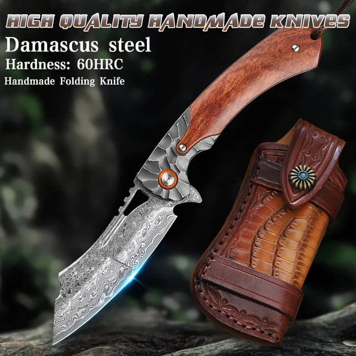 Handmade Damascus Pocket Knife | EDC Hiking & Camping Companion