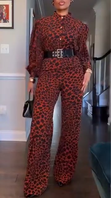 Ladies' Round Neck Leopard Print Casual Temperament Set