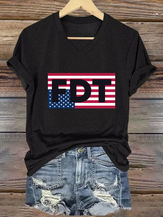 Women's FDT American Flag Upside Down Print Caasual T-shirt