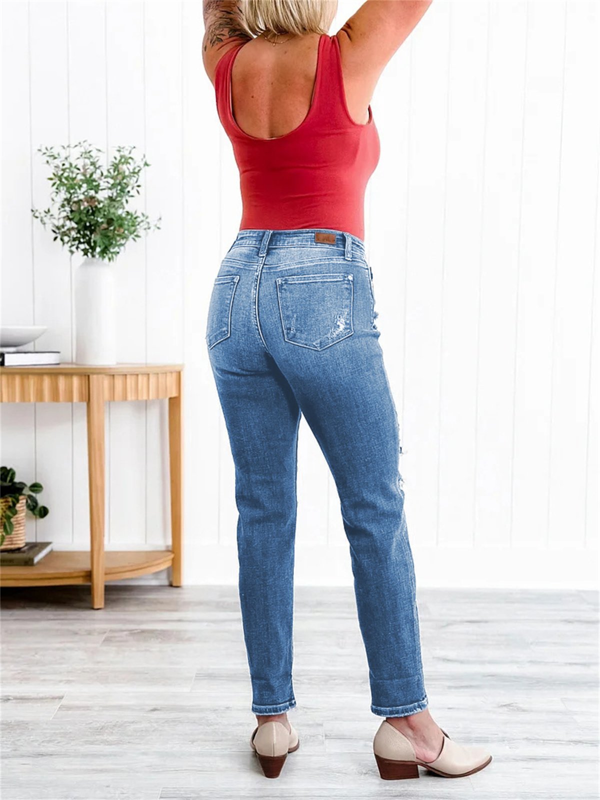 Tummy Control Distressed Cuffed Boyfriend Jeans (Buy 2 Free Shipping)