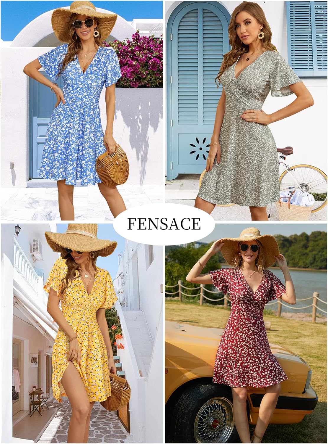 FENSACE Womens Sundress Summer Floral Short Sleeve Wrap V Neck A-Line Midi Dress