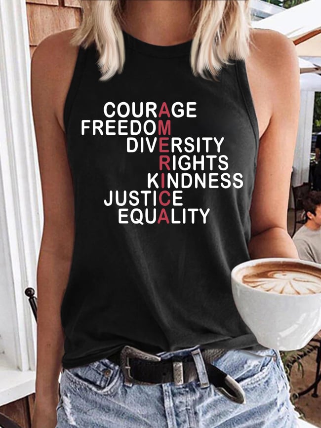 Retro America Courage Freedom Diversity Rights Kindness Justice Equality Print Tops Tank