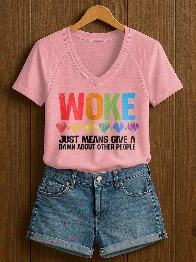 V-Neck Retro Women Woke Just Means Give A Damn About Other People Print T-Shirt