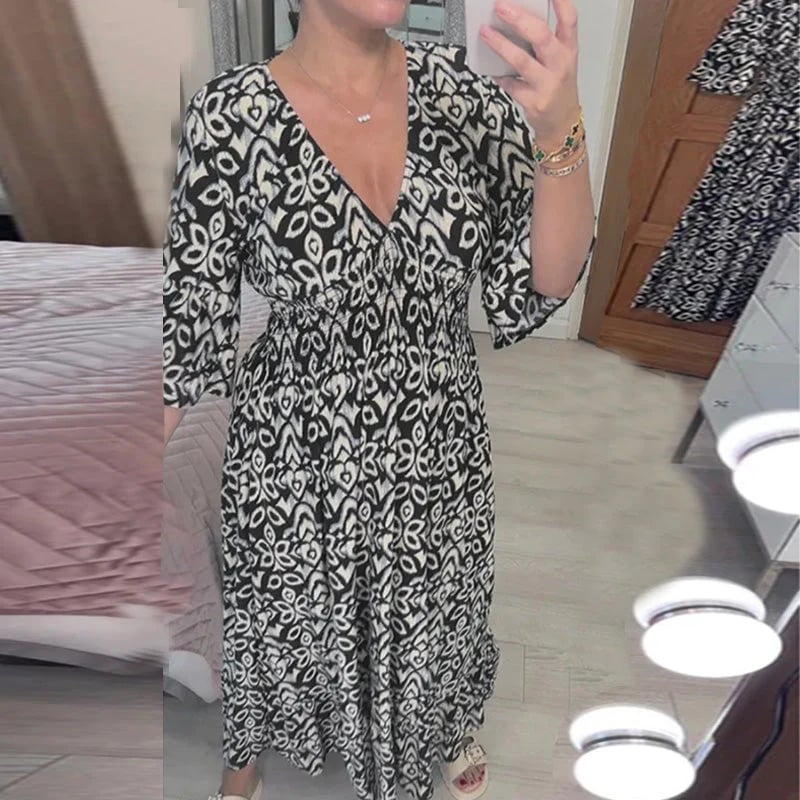 🔥Letzter Tag 49% Rabatt👗Bedrucktes Kleid mit V-Ausschnitt und weiten Ärmeln