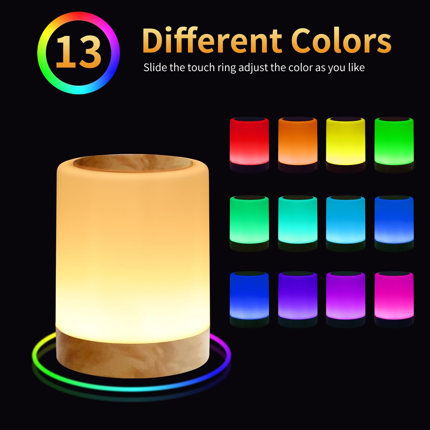 Touch Bedside Table Lamp,13 RGB Colors & 5 Brightness, USB Rechargeable Desk Lamp, Remote Control Dimmable Night Light with RGB Color Changing,Portable Lamp for Baby, Bedroom, Living Room