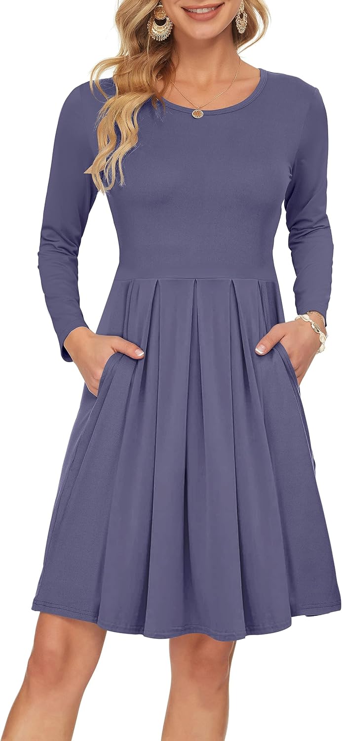 AUSELILY Women's Long Sleeve Pleated Loose Swing Casual Dress with Pockets Knee Length