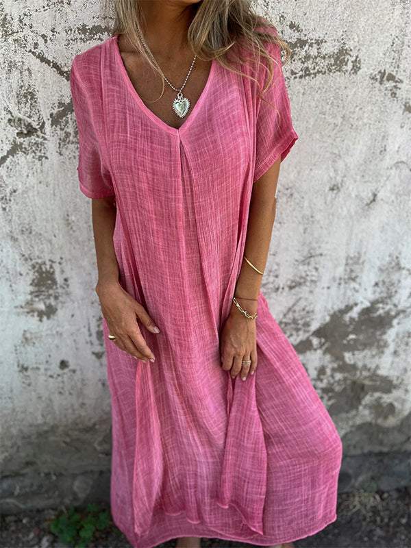 Women Cotton and Linen V-neck Midi Dress