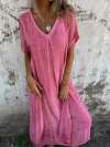 Women Cotton and Linen V-neck Midi Dress