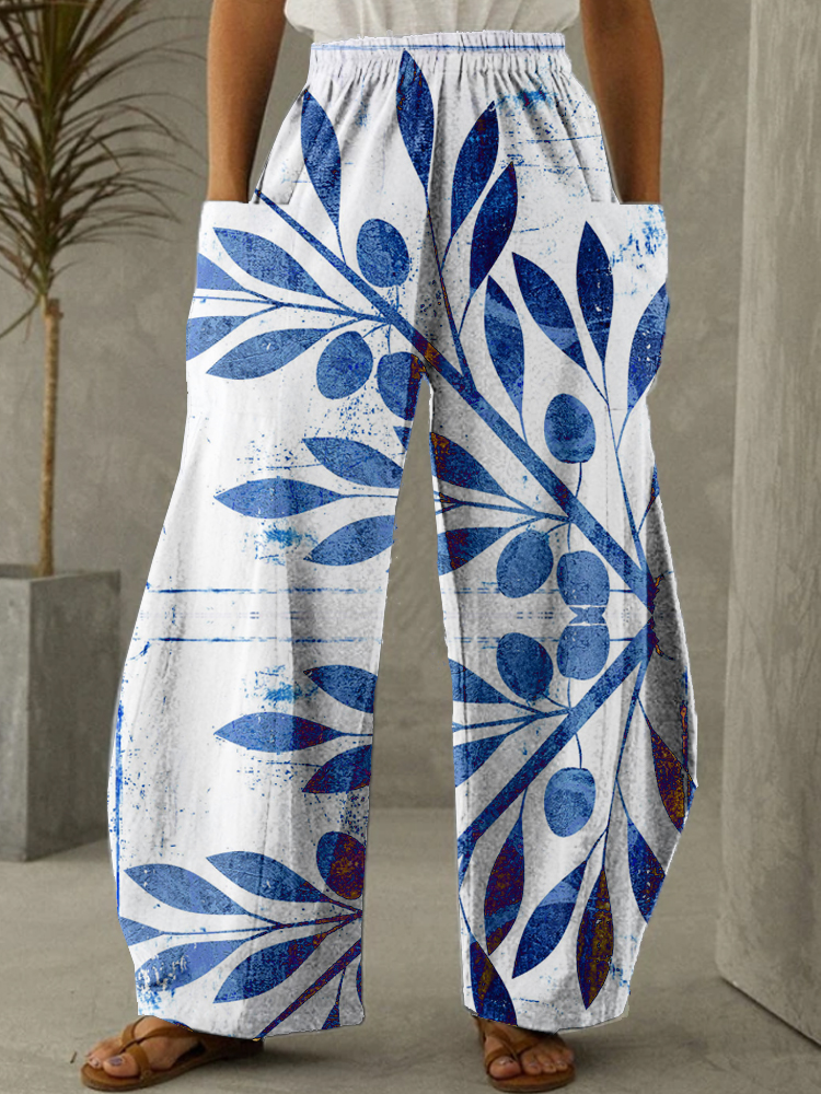 Women Cotton Foliage Printed Loose Elastic Waist Pants