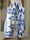 Women Cotton Foliage Printed Loose Elastic Waist Pants