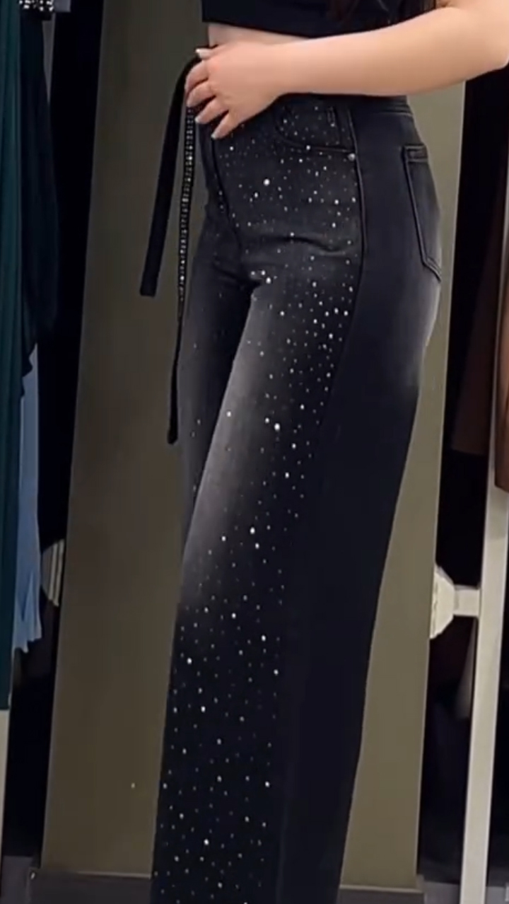 Women's Casual Jeans with Straps and Rhinestones
