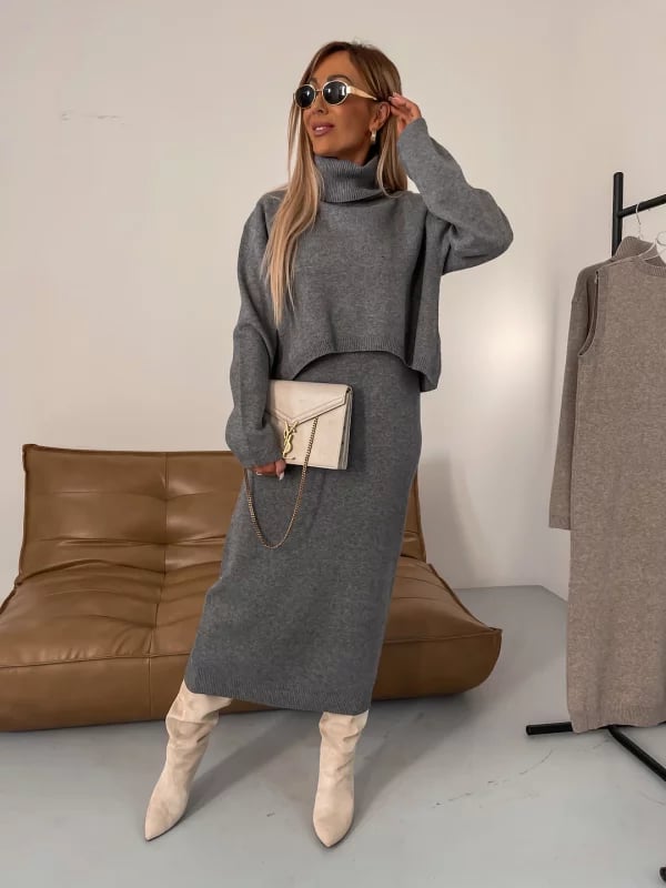 (🎉Last Day Promotion 50% OFF) 💥Midi Dress and Turtle Neck Sweater Set - Buy 2 Get Extra 10% OFF & FREE SHIPPING