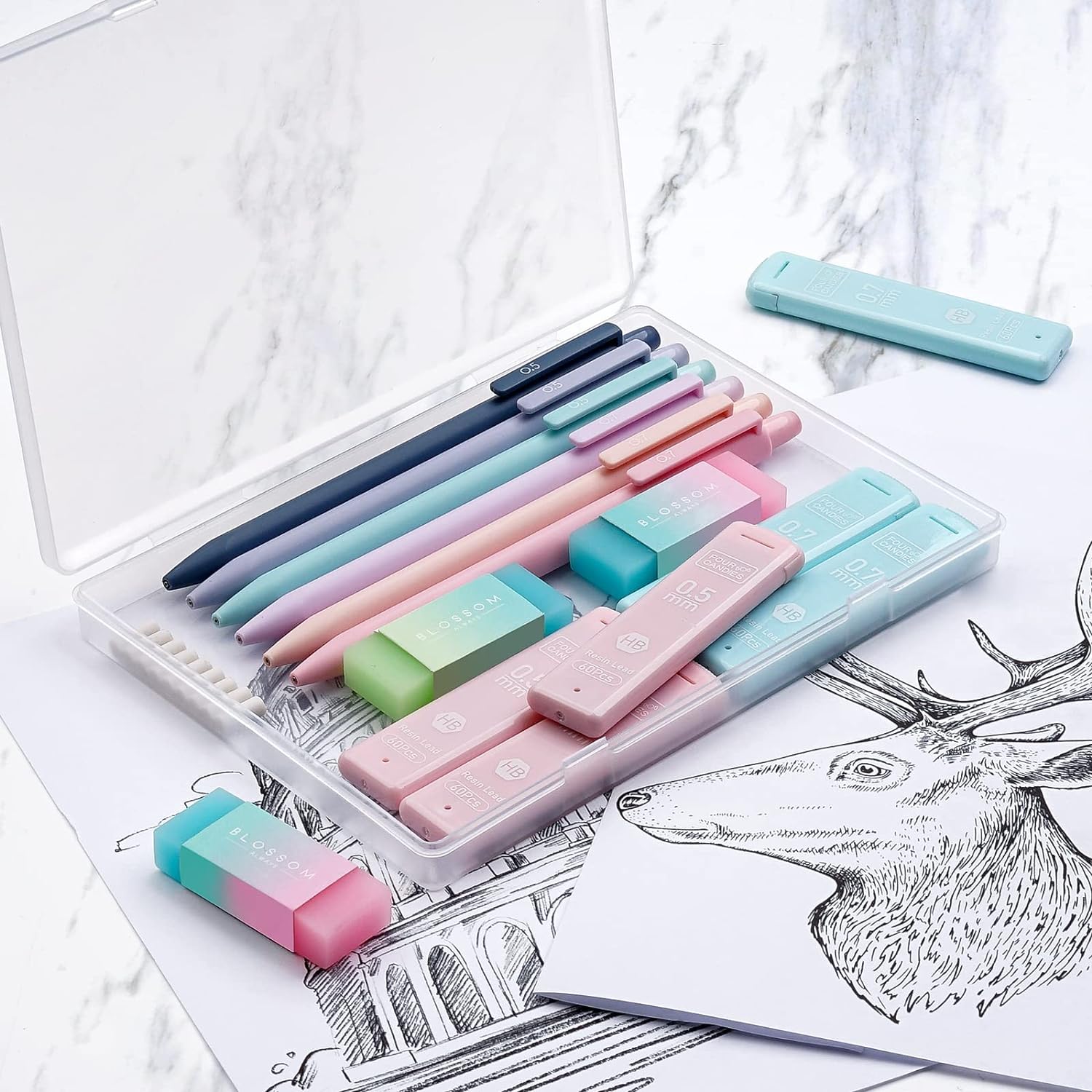 Four Candies Cute Mechanical Pencil Set, 6PCS Pastel Mechanical Pencils 0.5 & 0.7mm with 360PCS HB Pencil Leads, 3PCS Erasers and 9PCS Eraser Refills, Aesthetic Mechanical Pencils for Girls Writing