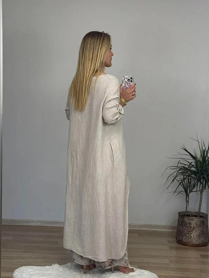 Linen Blend Crew Neck Long Sleeve Irregular Loose Top and Elastic Waist Floral Print Casual Pocket Set