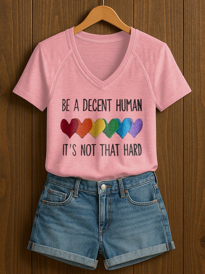 V-Neck Retro Women Be A Decent Human It's Not That Hard Print T-Shirt