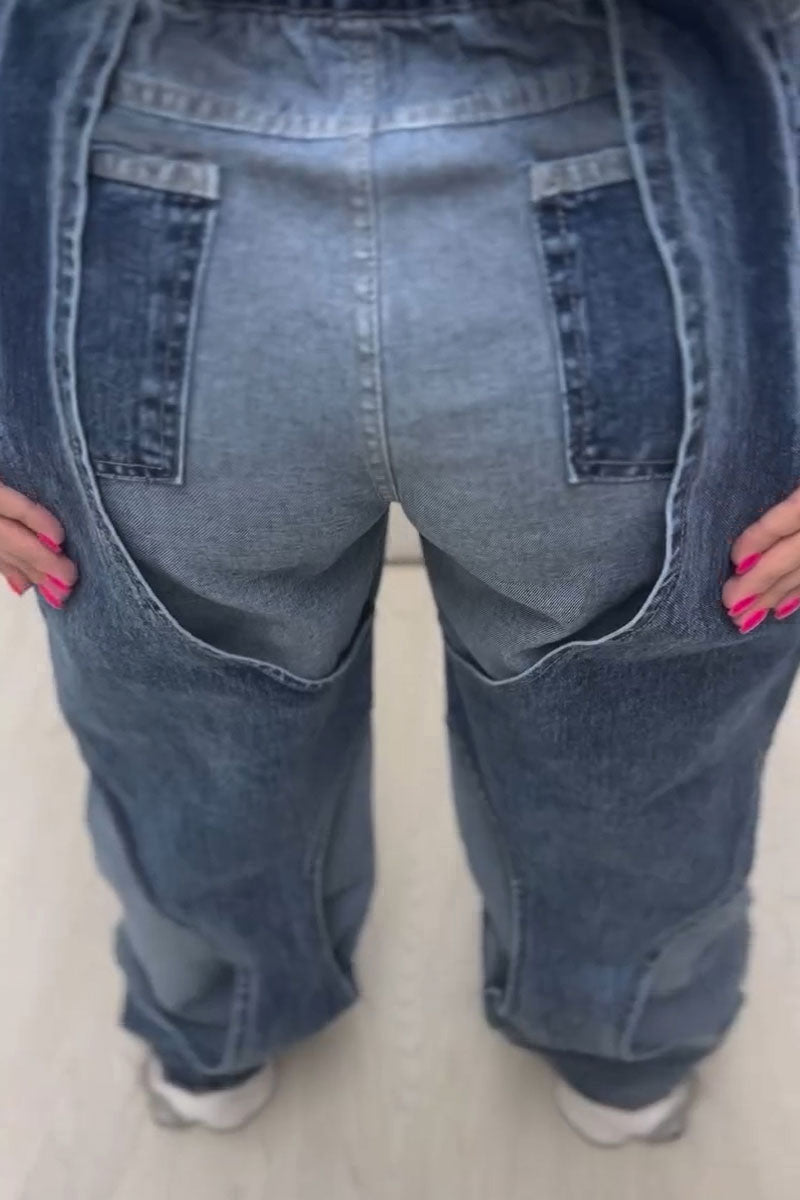 Women's Fashion Fake Two-Piece Set Contrast Color Stitching Hollow Jeans