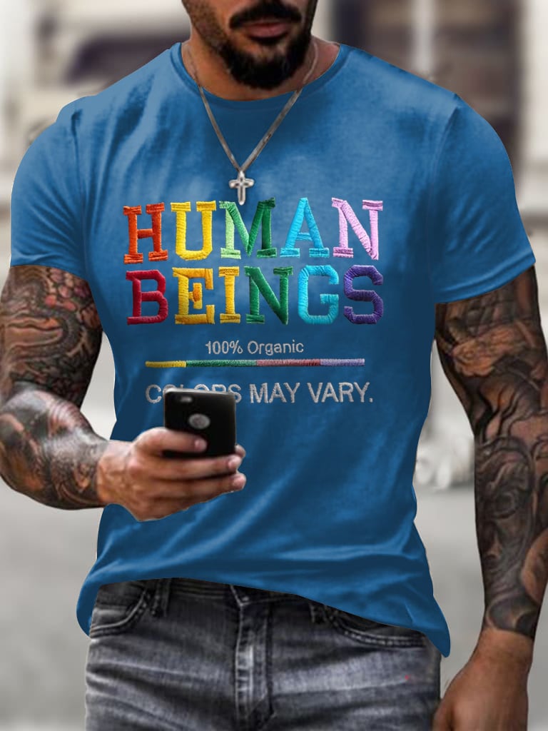 Men's Retro Human Beings 100% Organic Colors May Vary Human Rights Equality Pride Print T-Shirt