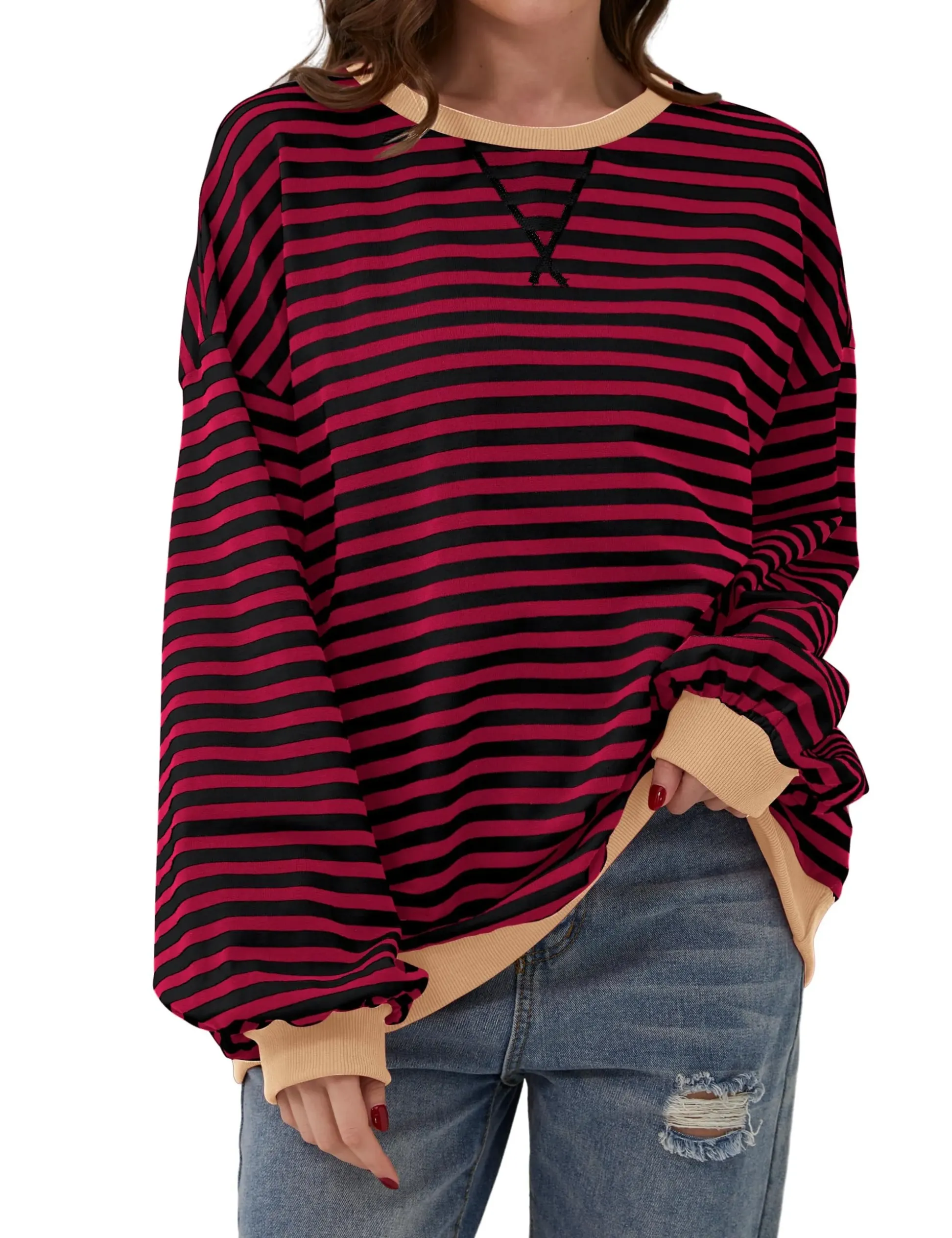 🔥 Women Oversized Striped Color Block Long Sleeve -Buy 2 Free Shipping