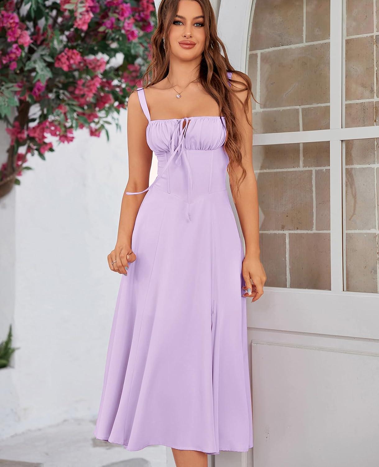 Floral Midi Corset Dress Boho Flowy Slit Lace Up Dresses for Women Going Out A Line Casual Sundress