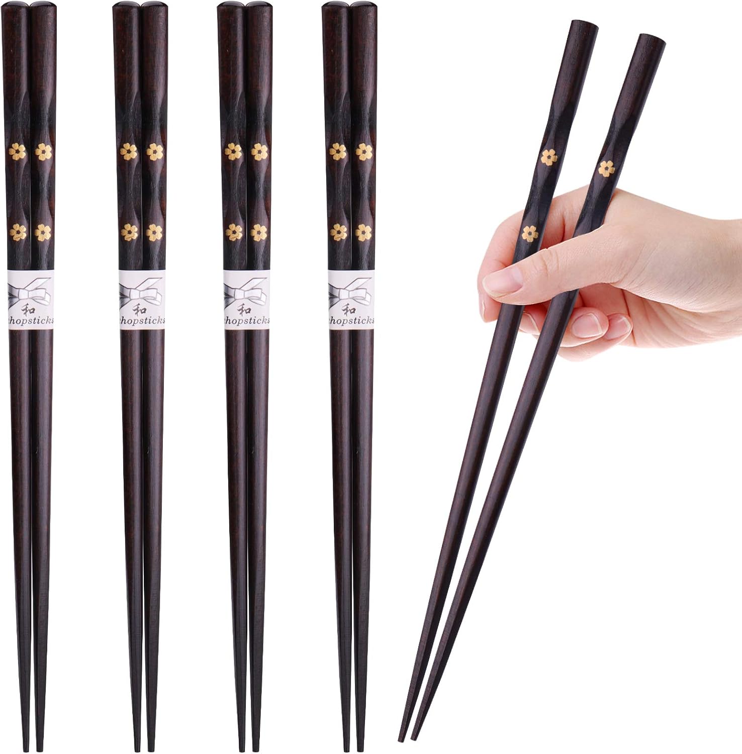 GLAMFIELDS Reusable Chopsticks Japanese Natural Wooden 5 Pairs Classic Style Lightweight Hand-Carved Safe Chop Sticks 8.8 Inch/22.5cm Gift Set