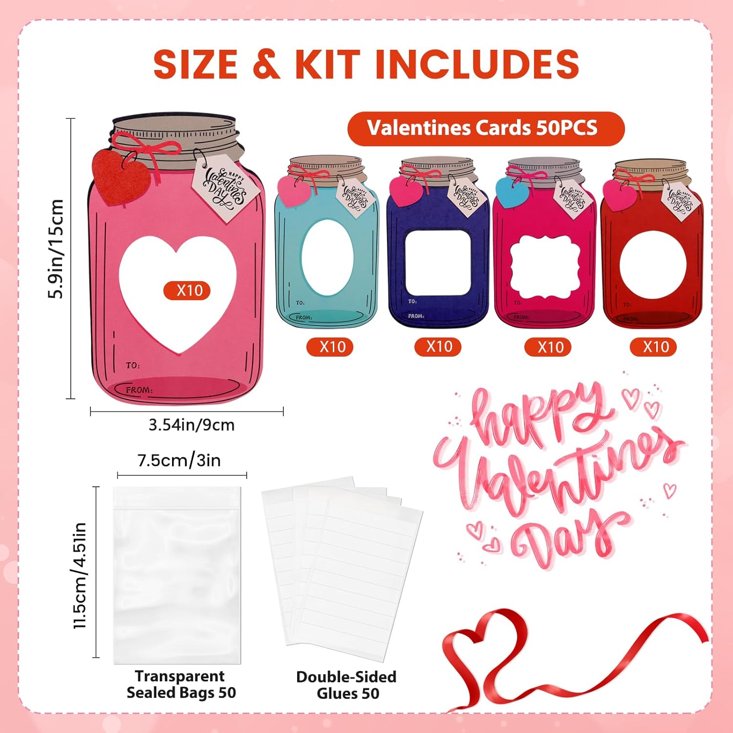 💖Mason Jar Happy Valentines Day Cards (50pcs)🍬