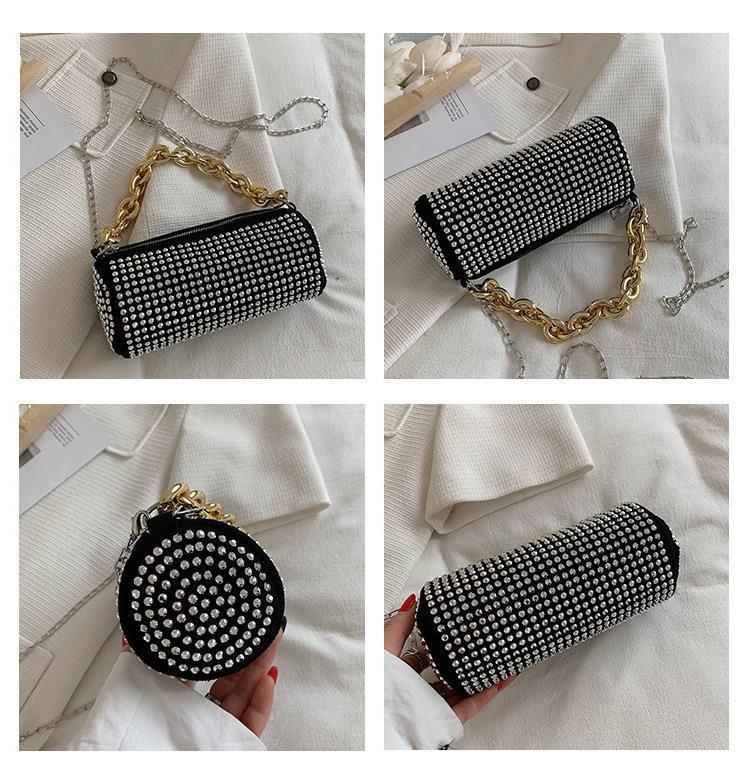 Women's shoulder bag full of diamonds, fashionable and versatile, bright diamond cylindrical bag