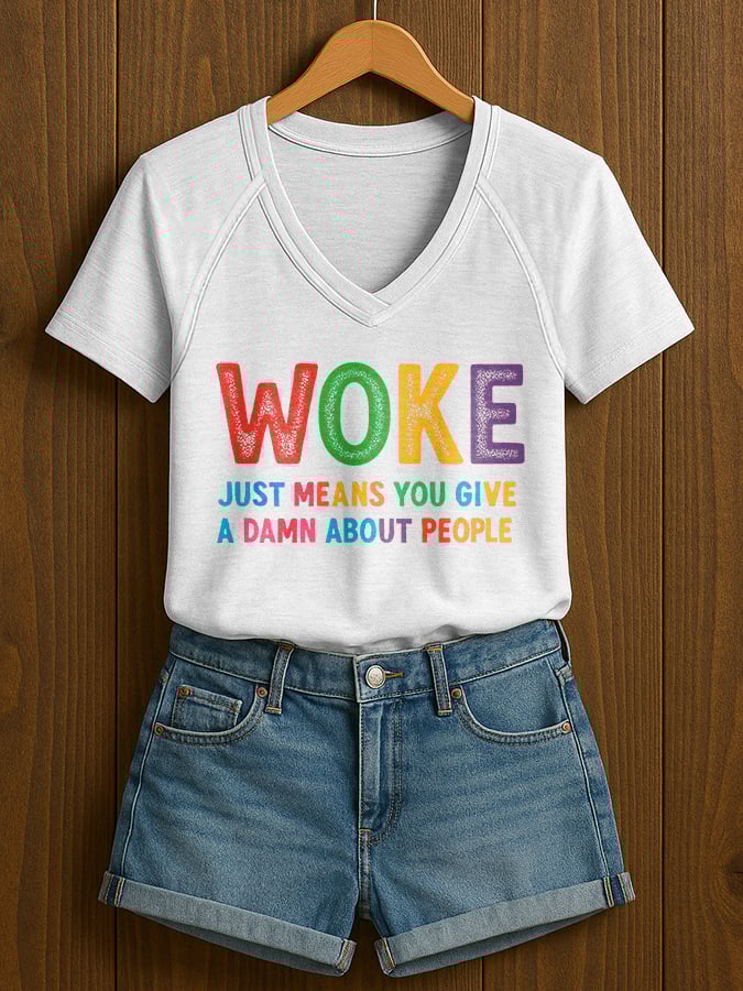 V-Neck Retro Women Woke Just Means You Give A Damn About People Print T-Shirt