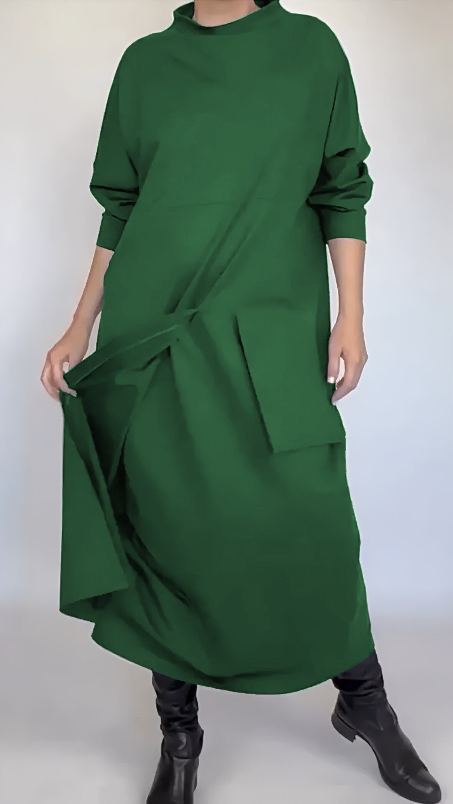 Women's Crew-neck One-pocket Long Sleeve Dress