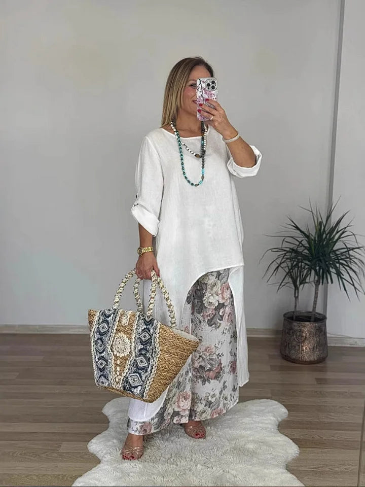 Linen Blend Crew Neck Long Sleeve Irregular Loose Top and Elastic Waist Floral Print Casual Pocket Set