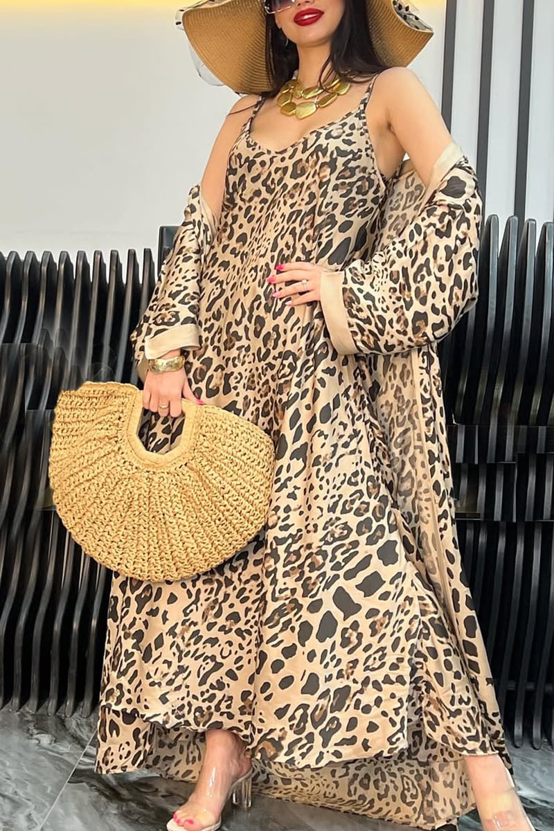 Women's Leopard Print Dress + Long Cardigan Set
