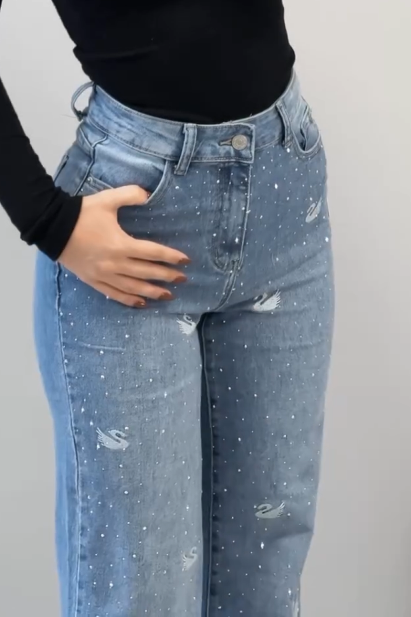 Women's Elegant Swan Pattern Diamond Jeans
