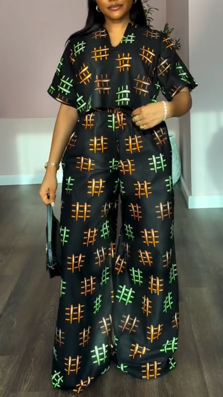 Ladies' V-neck Printed Top and Pants Casual Set
