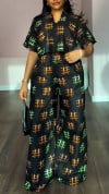 Ladies' V-neck Printed Top and Pants Casual Set