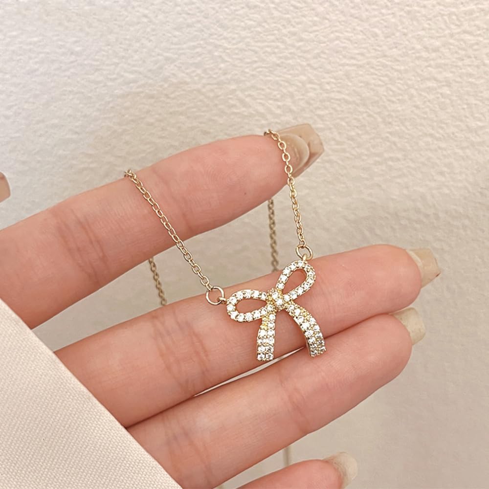 SUNNYOUTH Bow Necklace for Women Girls Bowknot Choker Necklace 14K Gold Plated Ribbon Choker Necklaces Fashion Jewelry Gifts