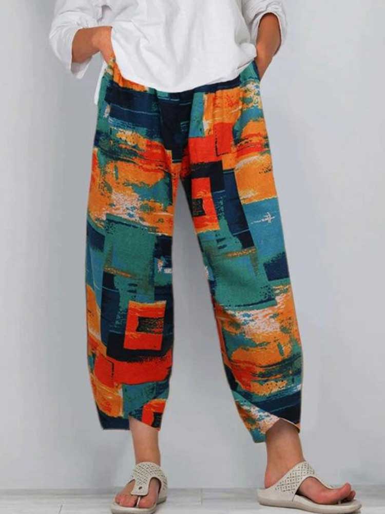 Women Printed Color-block Retro Pants