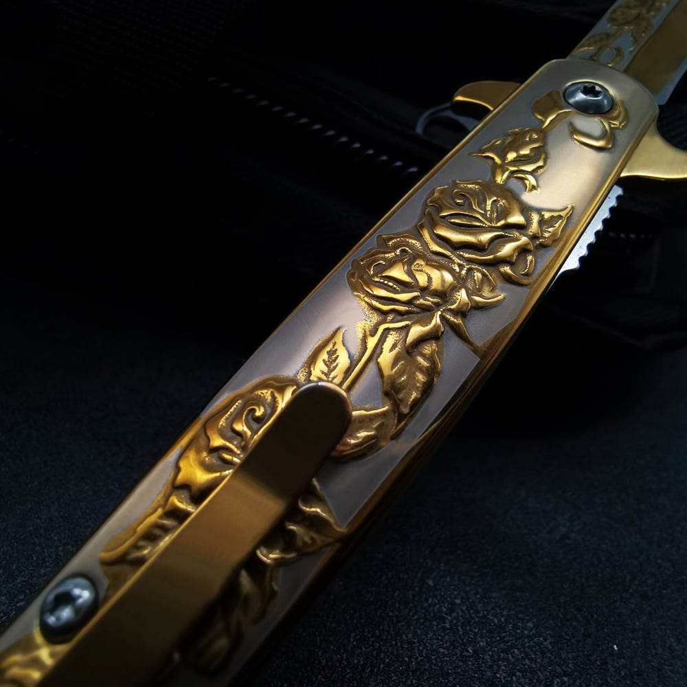 ⏰FREE SHIPPING NOW🔥🌹Vintage Luxury Gold Rose Design Spring Assisted Open EDC Blade Folding Survival Pocket Knife
