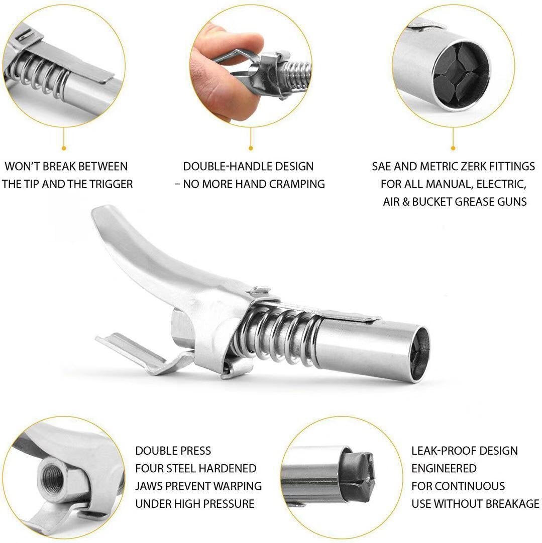 FITS ALL SAE and Metric Zerk-Rated 10,000 PSI. Rebuildable tool- Ez-Pz Lube 10kPSI Lock Grease Coupler