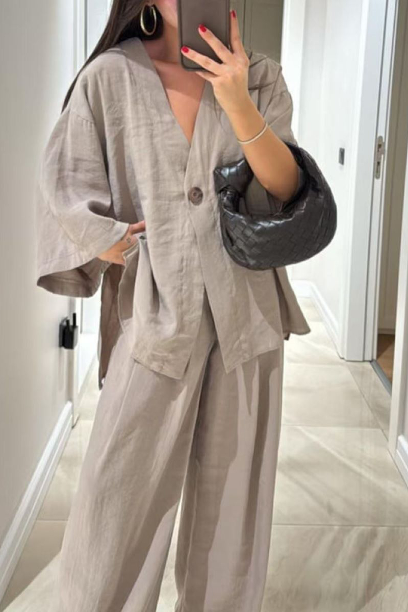 Women's V-neck button cotton and linen casual suit