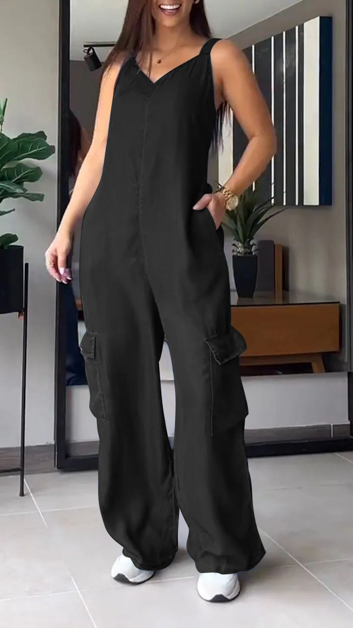 🔥Last Day Promotion 50% OFF🔥Thin Denim Cargo Pocket V-neck Jumpsuit