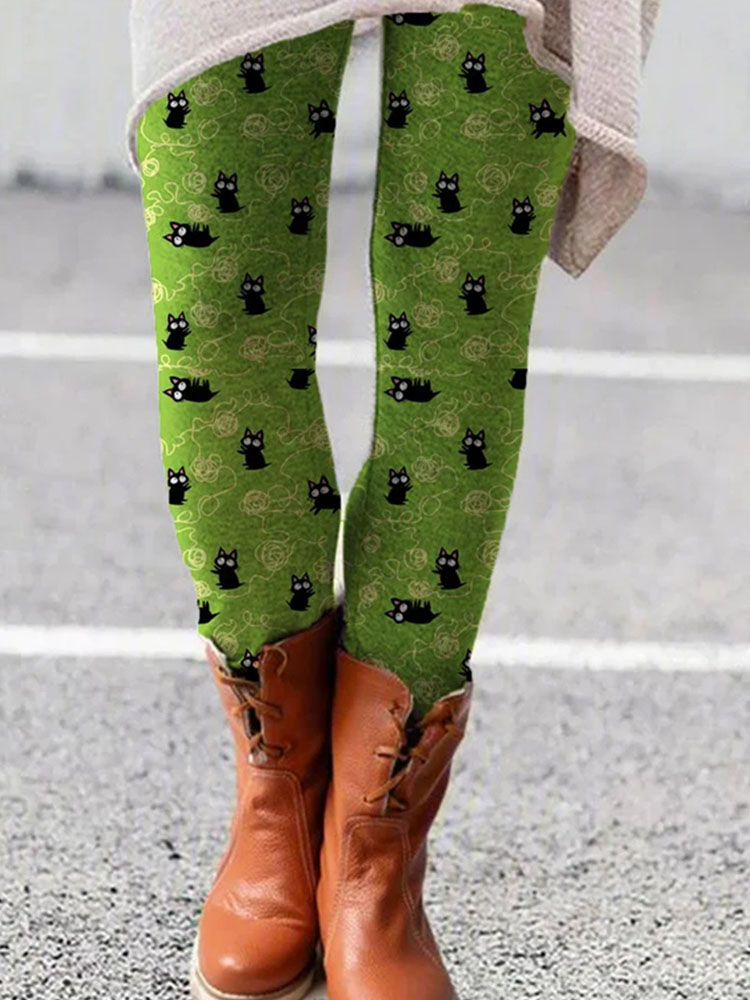 Women Green Kitten Printed Leggings