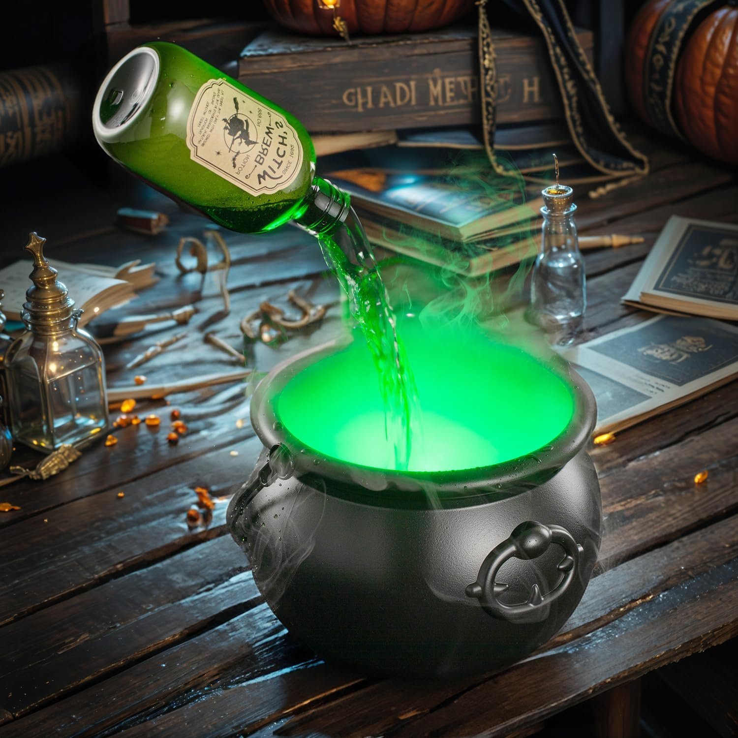 Halloween Witches Cauldron with Magical Floating Potion Bottles and Fog Maker Diffuser
