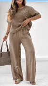 Women's Round Neck Short Sleeve Cotton and Linen Casual Suit
