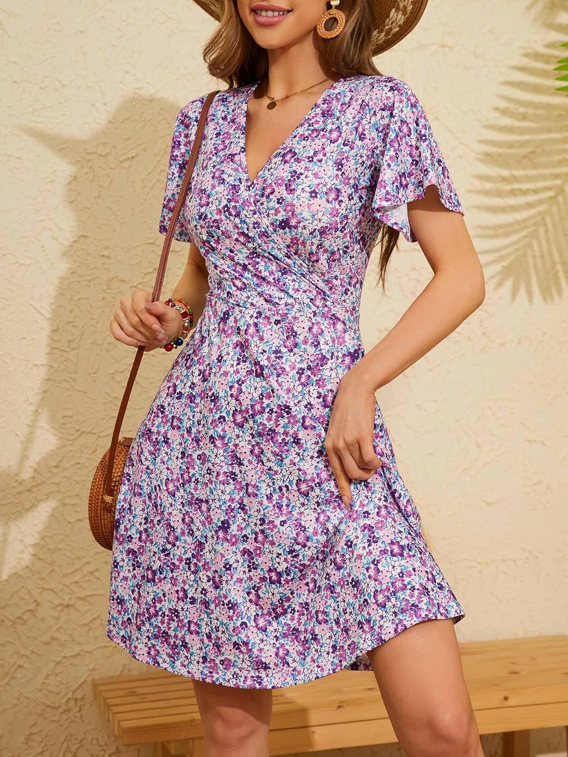 FENSACE Womens Sundress Summer Floral Short Sleeve Wrap V Neck A-Line Midi Dress