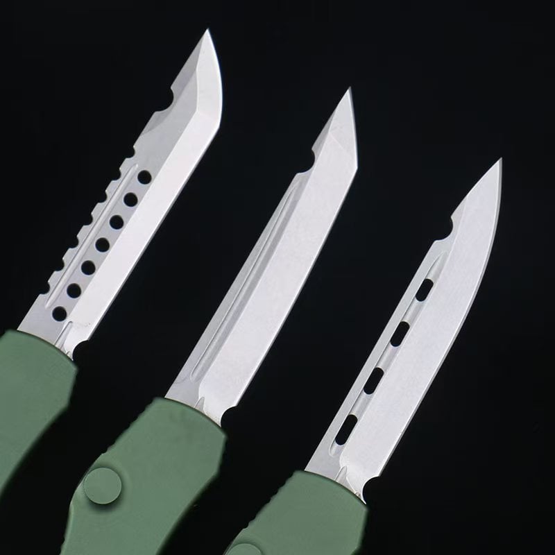 OTF micro-tech green handle Halo 6 lever straight jump knife