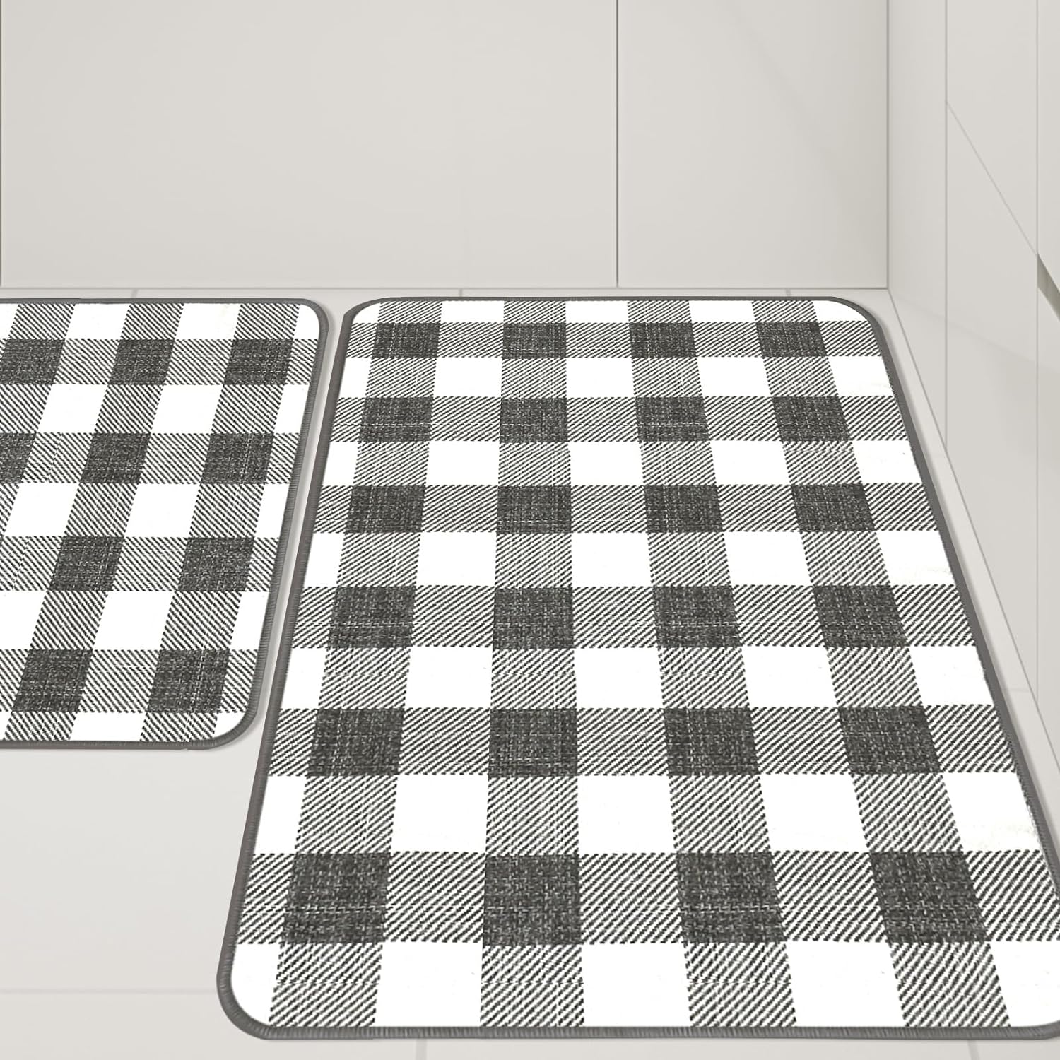 Buffalo Check Plaid Kitchen Rug Set - 2PCS (17x47 & 17x29), Farmhouse Style, Non-Printed Woven Surface, Non-Slip, Machine Washable, Black & White