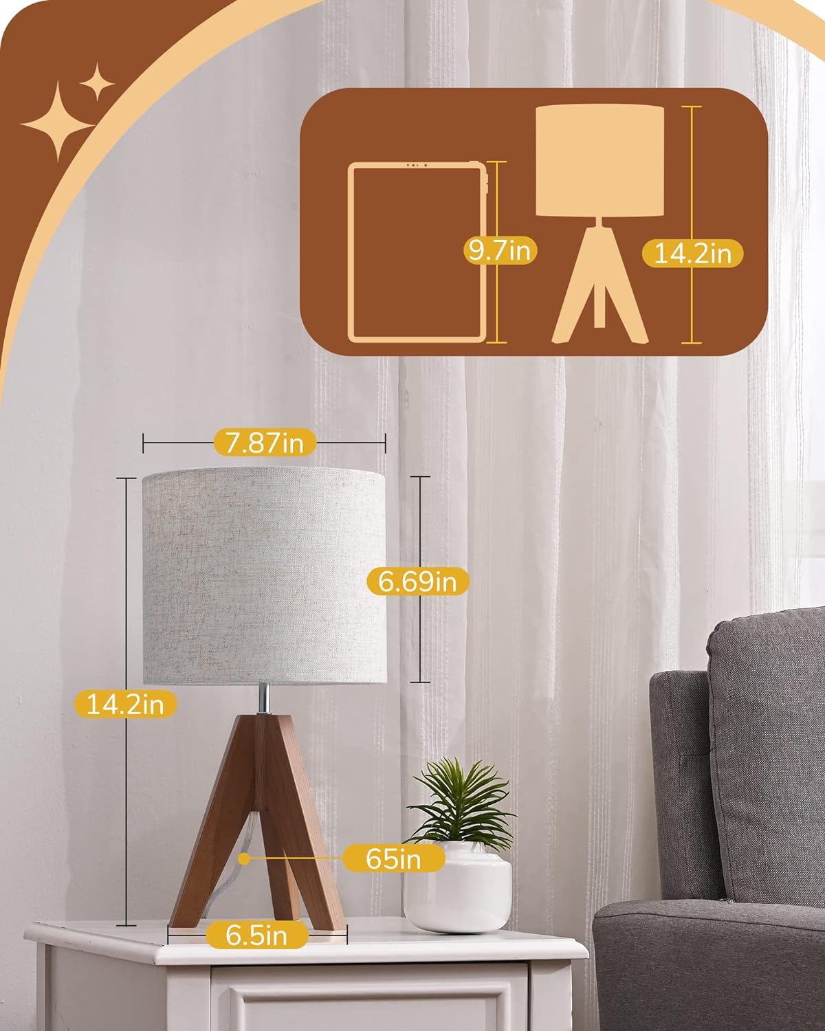 EDISHINE Tripod Table Lamp, Small Cute Bedside Lamp with Linen Beige Lampshade, Nightstand Lamp for Nursery, Bedroom, Kid Room, Living Room, Light Brown Wooden Base, E26 Socket, 14.2 Inch