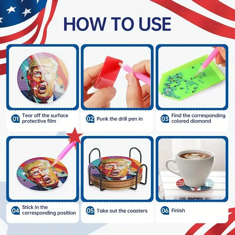 DIY Patriotic Diamond Art Coaster Kit(8 Pcs)